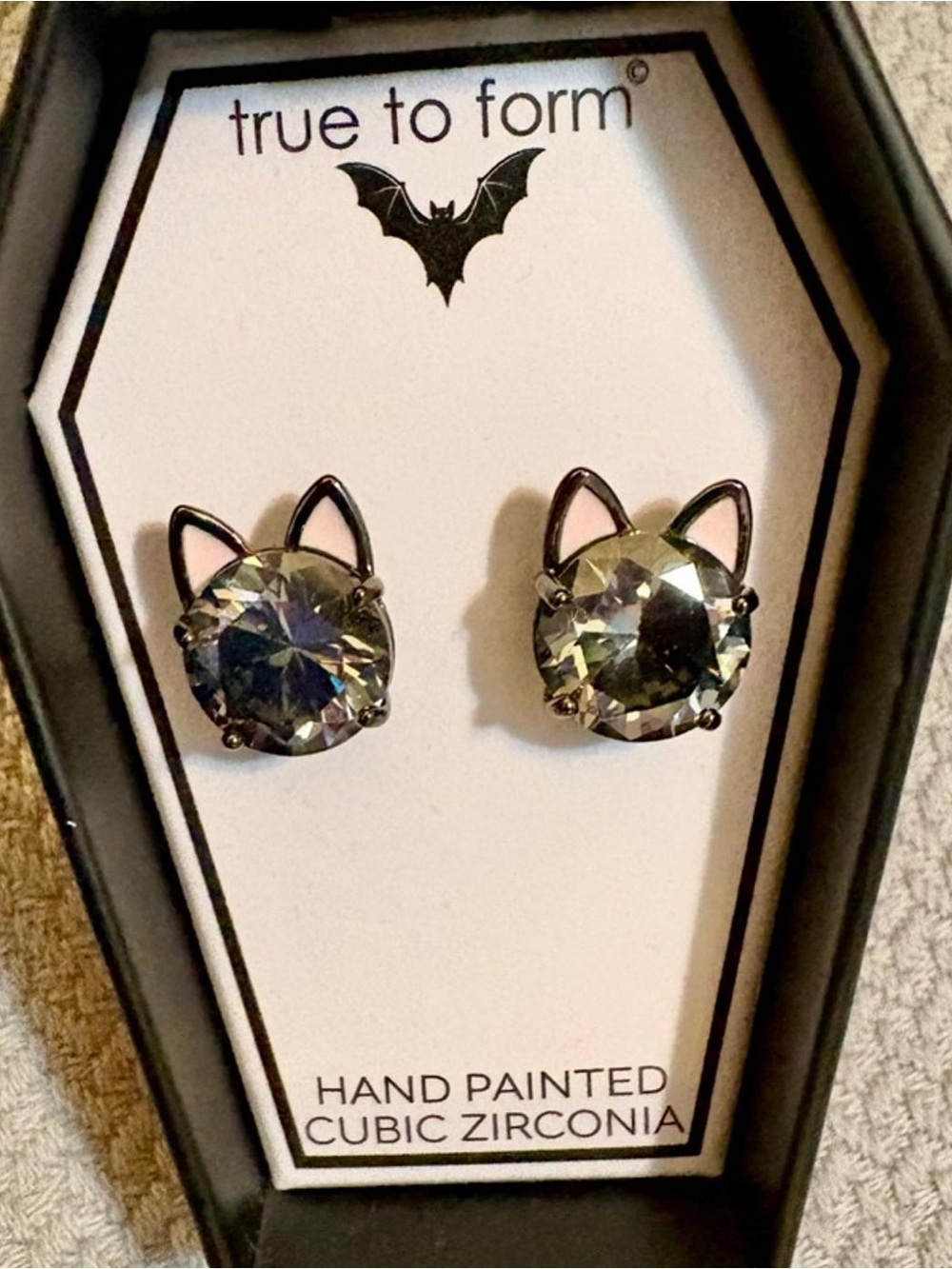 Cat Ear Stud Earrings in Gunmetal with Gray Crystal